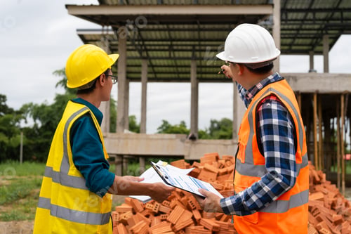 Preview: Two male architects wearing hard hats and safety vests discuss construction design.collaborating