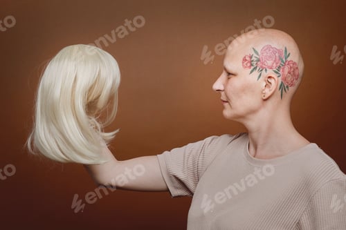Preview: Confident Bald Woman Holding Wig