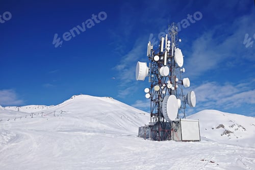 Preview: Radio aerial antenna mast with a lot of satellite dishes, parabolic reflectors or dish antennas