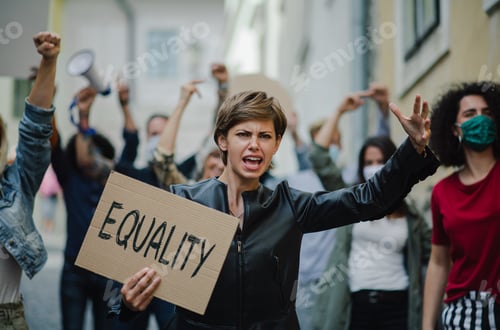 Preview: Group of people activists protesting on streets, women march and demonstration concept.