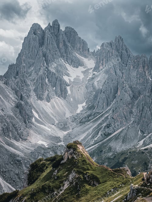 Preview: Vertical shot of snowy alps on a cloudy day
