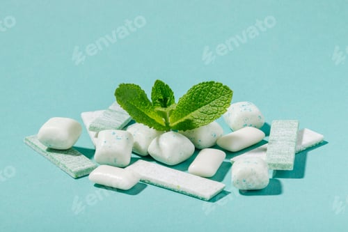 Preview: A bunch of mint chewing gum and fresh mint leaves on a blue background