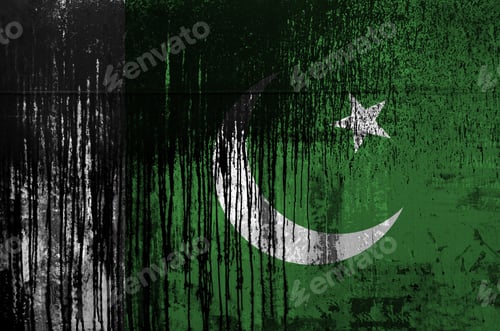 Preview: Pakistan flag depicted in paint colors on old and dirty oil barrel wall close up