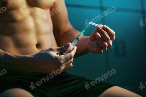 Preview: Close up of muscular athlete with injection of steroids.