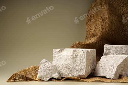 Preview: Granite stone podium decorated with sackcloth on beige background