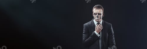 Preview: Skeleton Face Businessman Wide Banner with Copy Space