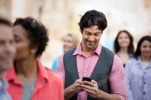 Preview: People outdoors in the city in spring time. A man looking at his cell phone.