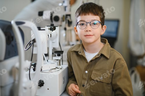 Preview: Boy wearing glasses undergoing vision diagnostics in ophthalmology clinic