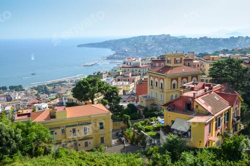 Preview: View across the bay of Naples on the coastline of Campania. Historic buildings, and marina and