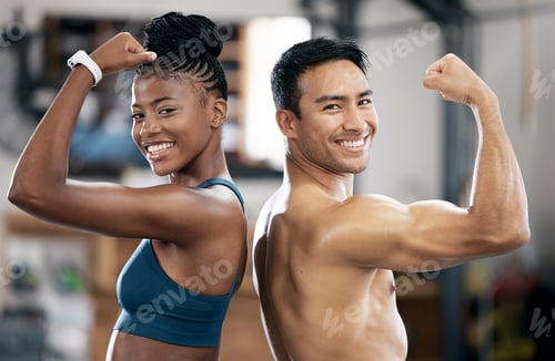 Preview: Portrait, black woman or coach flexing muscle or body goals in training or fitness exercise at gym.