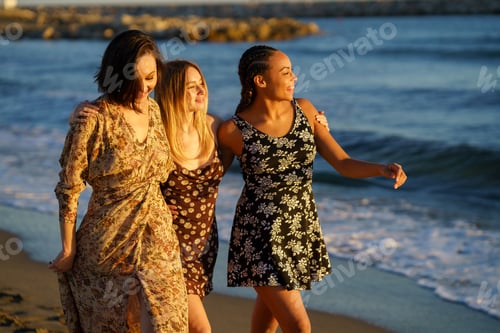 Preview: Positive diverse women admiring seascape on beach