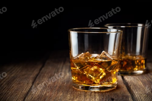 Preview: Two glass of whiskey with ice on wooden table.