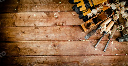 Preview: Working tool on wood with sawdust.