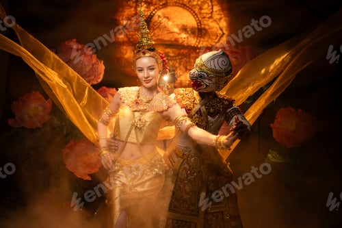 Vista previa: Traditional Thai dance performance featuring a graceful female dancer and a masked Khon performer