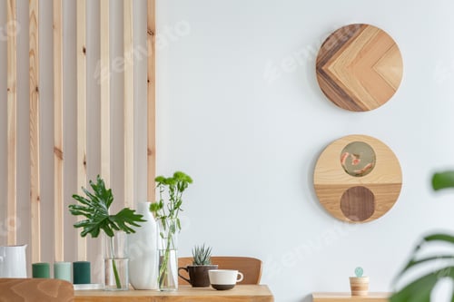 Preview: Stylish wooden design in trendy scandinavian apartment with white wall
