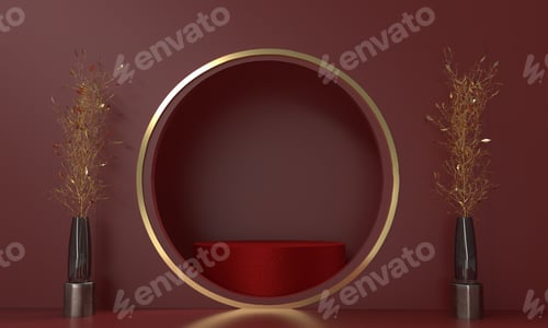 Preview: Red pink orange tree leaf palm golden yellow circle round background wallpaper podium stage showcase