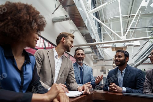 Preview: Multiethnic group of business people talking in office during break. Teamwork concept