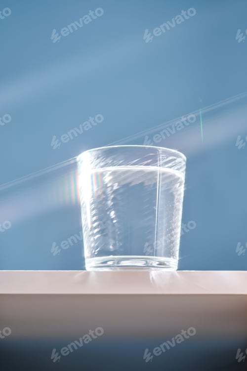 Preview: Glass of clean filtered water on blue background with beautiful glare.