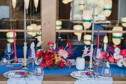 Preview: Coziness and style. Modern event design. Table setting at the wedding reception.