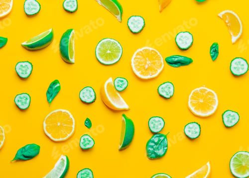 Preview: Above view at cutted lemons and limes with cucumbers