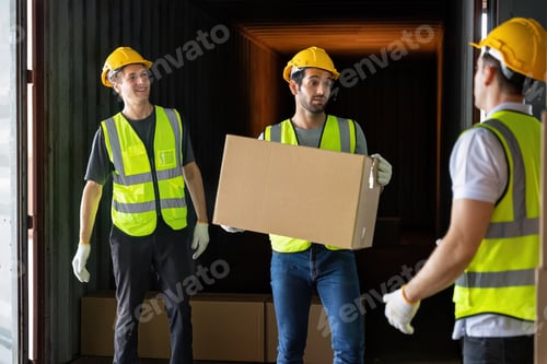 Preview: Worker carry carton box taken from 40 feet steel container on the trailer truck park at warehouse
