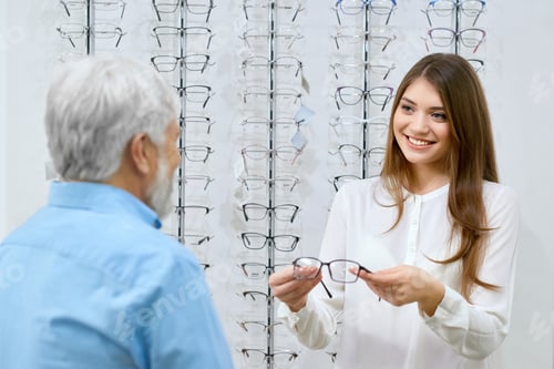 Preview: Beatiful smiling assistant showing eyeglasses to old man