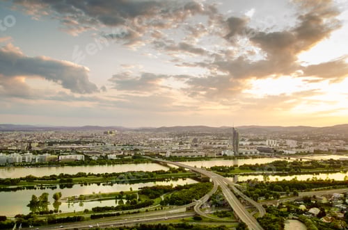 Preview: Aerial view at Vienna city and Donau river