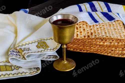 Preview: Pesach celebration jewish holiday with red kosher wine a unleavened bread matzo