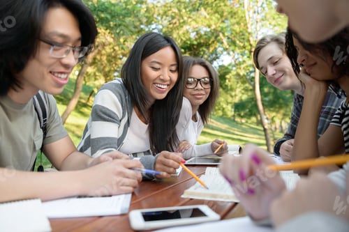 Preview: Young students sitting and studying outdoors while talking