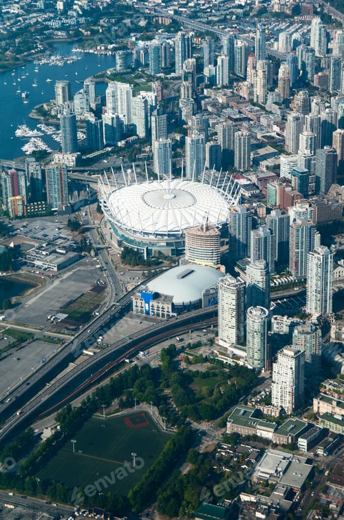Preview: Aerial view of stadium in Vancouver cityscape, British Columbia, Canada