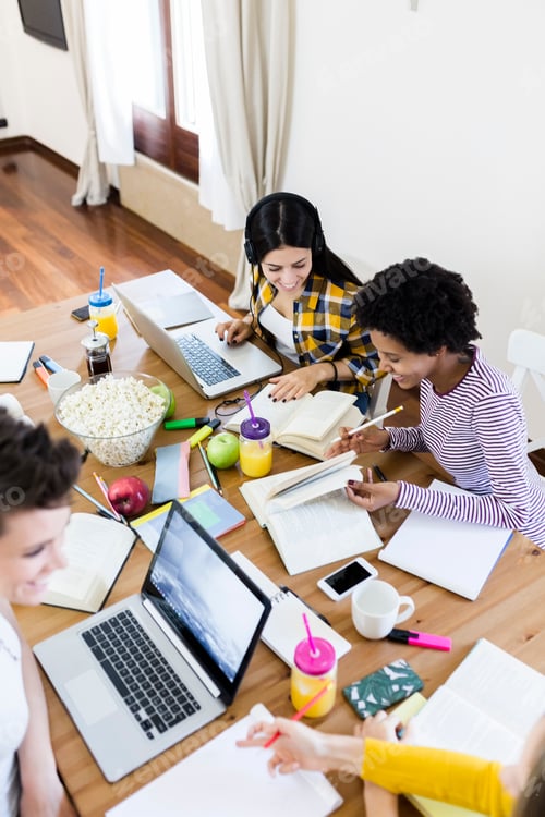 Preview: Group of female students working together at table at home