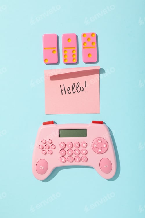 Preview: Domino, note and calculator on blue background, top view