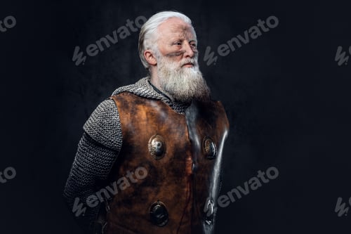 Preview: Brave elderly soldier dressed in chain mail and leather armor