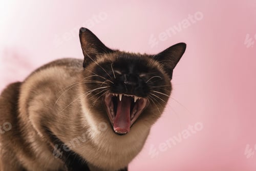 Preview: Siamese cat with open mouth showing teeth on pink background. close up of yawning or meowing pet