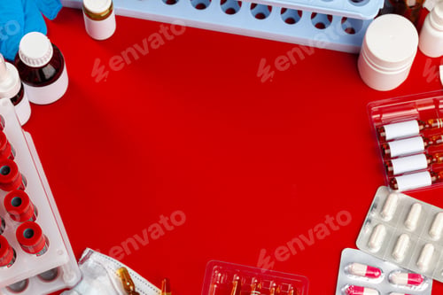 Preview: Coronavirus diagnostic and treatment concept. Laboratory table close up