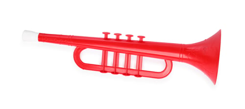 Preview: Red toy horn isolated on white, top view. Child's musical instrument