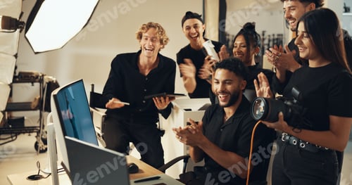 Preview: Fashion, people or clapping for photography success for production results, project or review. Team