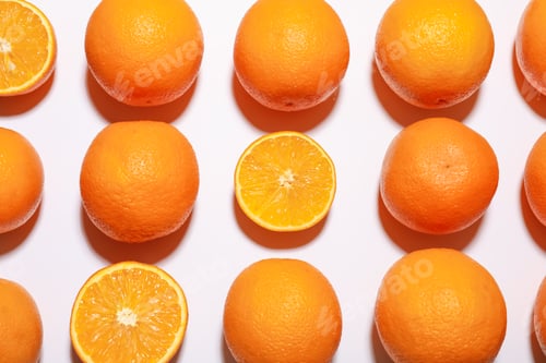 Preview: Fresh ripe oranges on white background, flat lay