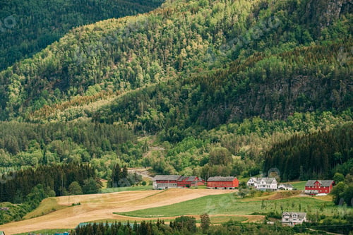 Preview: Voss, Norway. Summer Scenic Landscape With Fields And Red Farm B