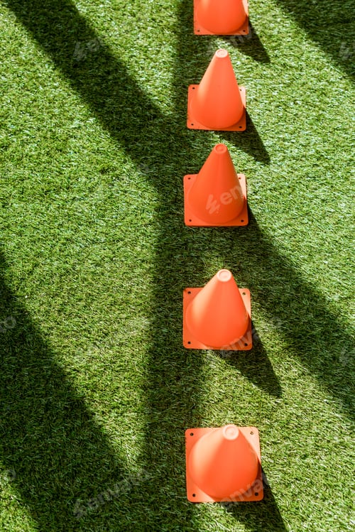 Preview: high angle view of row of safety cones standing on green grass