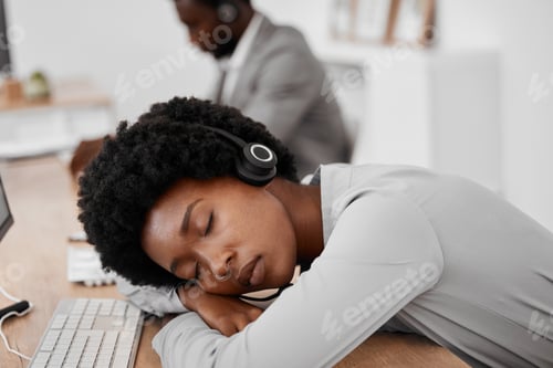 Preview: Call center, burnout and sleep of a woman employee resting on a desk at the office. Exhausted black