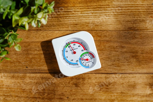 Preview: White Thermometer On Wooden Surface Showing A Temperature Of 15 Degrees Celsius