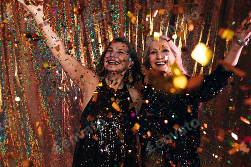 Preview: Two happy senior women in black dresses having fun