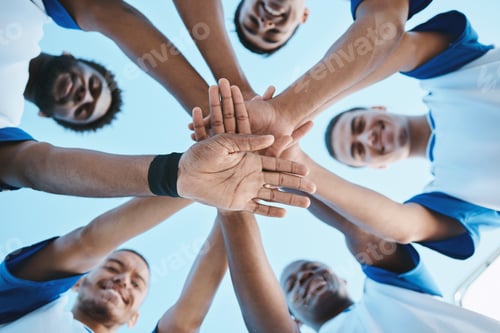 Preview: Portrait, stack or team with sports, hands or fitness with support, collaboration or motivation. Ma