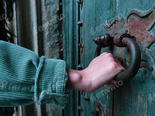 Preview: Person opening an old turquoise door of the church of Girona
