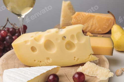 Preview: Closeup shot of different types of cheese on wooden board, pear, grapes and wine glass on gray