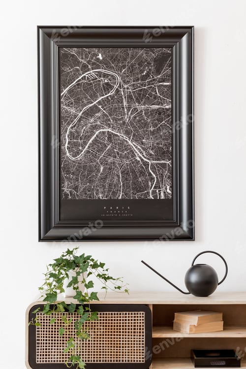 Preview: Creative modern home interior with mock up map, rattan commode.
