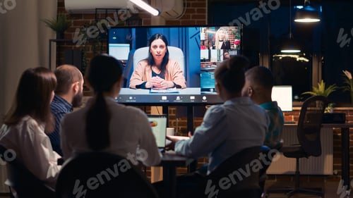Preview: Employees team and remote coworkers cooperation in videoconference