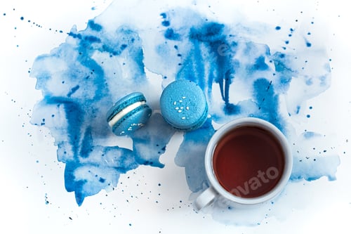 Preview: Macarons and Tea with Blue Watercolor Background