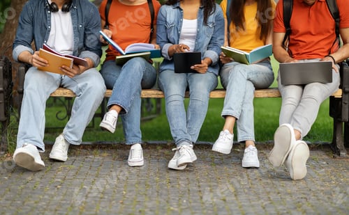 Preview: Learning Concept. Group Of Students Preparing For Exam Outdoors, Cropped